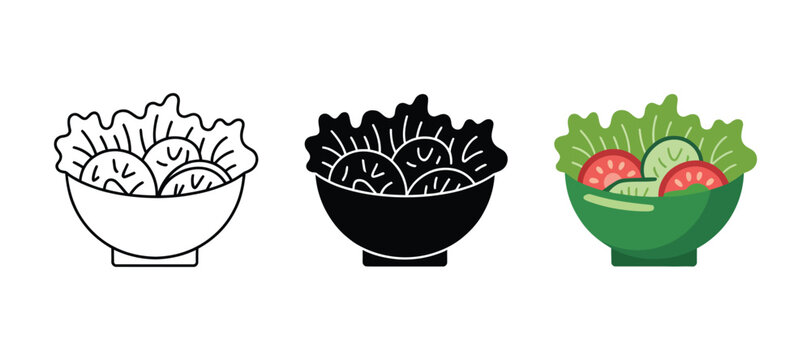 fresh salad bowl icon set, linear solid and color styles with vegetables cucumber and healthy food ingredients, vector illustration