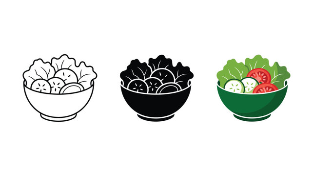 fresh vegetable salad symbols set, bowl cucumber and healthy ingredients with multiple linear solid and color icon styles, vector illustration