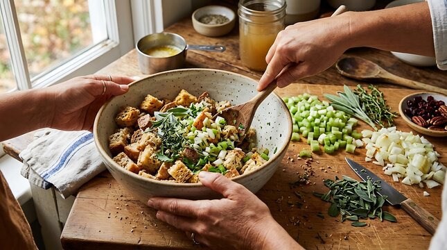 Hands tossing fresh bread stuffing with herbs in ceramic bowl close up.