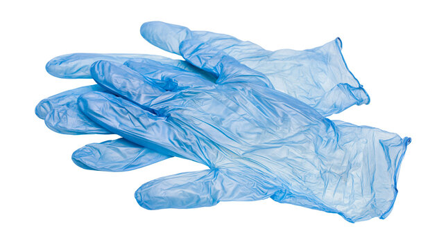 Pair of blue disposable vinyl gloves crumpled and layered, isolated on transparent background