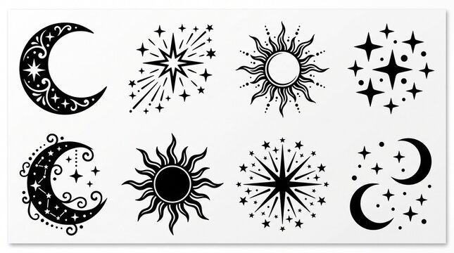 Mystic celestial vector set with crescent moons, sunburst flourishes, and star sparkles isolated on white background, decal cut template