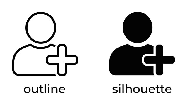 User icon and plus symbol outline and silhouette