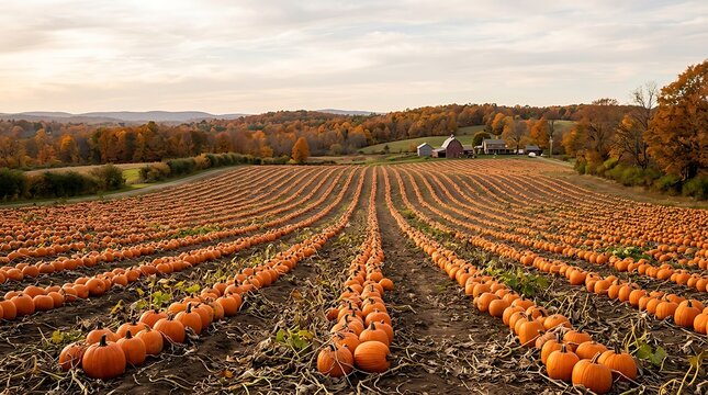 Vast pumpkin patch field rows featuring autumn foliage and distant farm.
