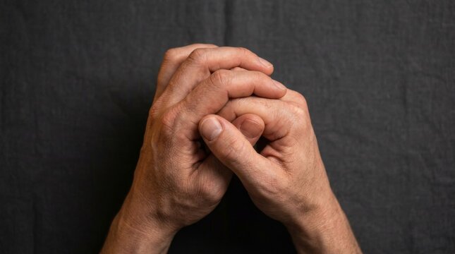 Clasped male hands resting on dark gray textile surface representing prayer or meditation