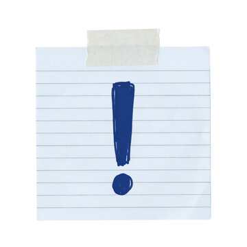 Square lined paper note with a hand drawn blue exclamation mark attached by masking tape isolated on a transparent background