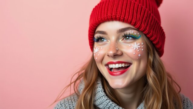 Young woman with colorful creative makeup and snowflakes on cheek, wearing red knitted hat on pastel pink background, winter beauty portrait
