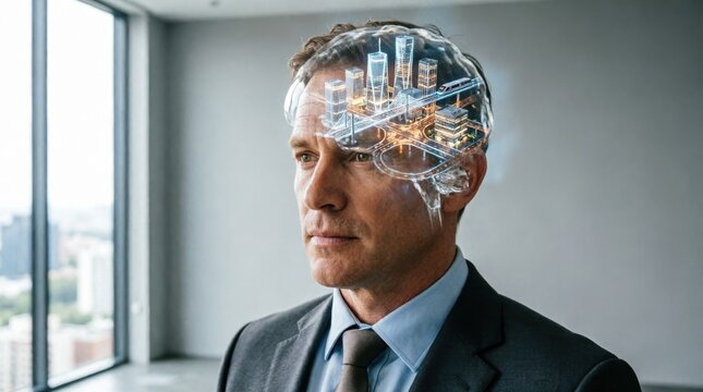 Man's Head, Overlayed with Cityscape Circuitry. Conceptual Illustration of Digital Integration, Futuristic Technology