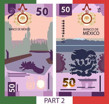 Vector banknote, obverse and reverse. Cartoon United Mexican States note. 50 pesos. Game money of Mexico. Flat style. Denomination fifty. Finance and business. Play bill. Part 2