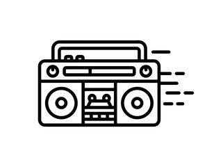 Fototapeta premium Retro boombox with cassette tape playing music and moving fast with black and white lines