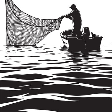 Fisherman standing in a small boat casts a large net into the rippling water below.