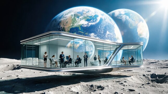 Modern Office Building on the Moon, Showcasing Futuristic Architecture and Global Perspective