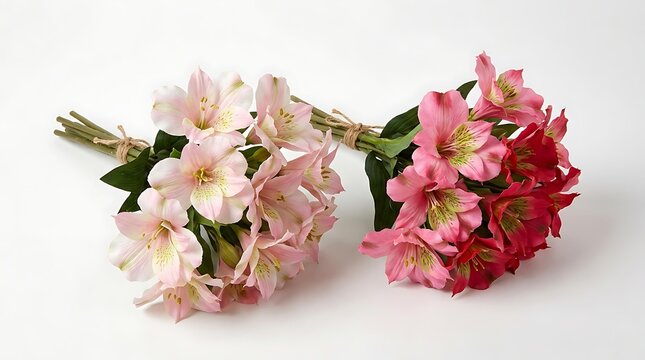 Two bouquets of artificial pink and red alstroemeria flowers on a white background
