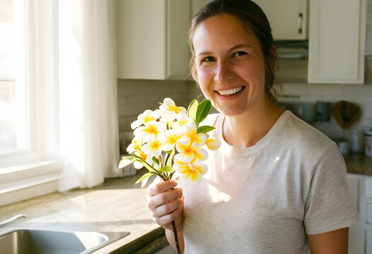Wellness and self care, happy woman holding fresh plumeria flowers in a bright home kitchen for a natural lifestyle and mental health balance