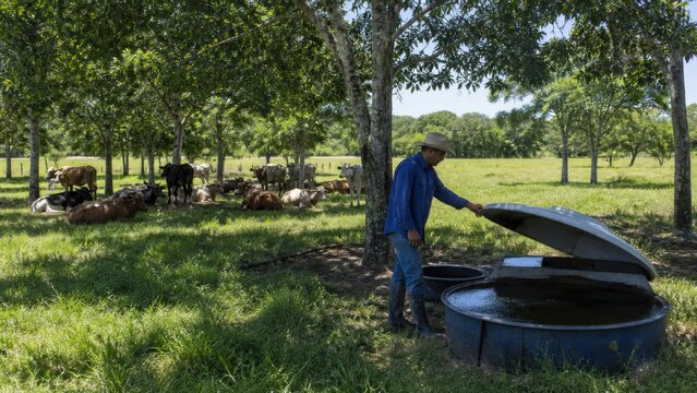 Silvopasture shade use: Cattle rest beneath spaced mature trees while a farmer checks water and pasture condition