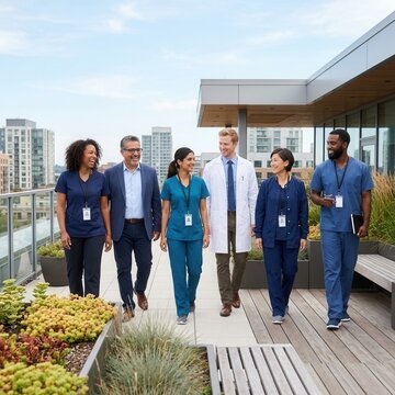 Diverse Healthcare Professionals Walking Together On Rooftop Terrace With Cityscape Background