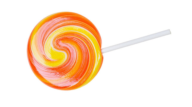 Swirled orange yellow and pink lollipop on a white stick, isolated on transparent background