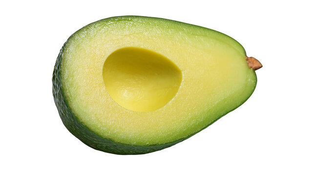 Half avocado with smooth yellow flesh and rough green skin, isolated on transparent background