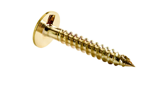 Shiny brass wood screw with flat head, isolated on transparent background