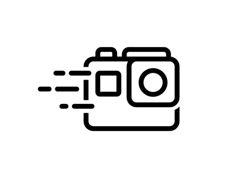 A black line art illustration of a fast action camera with motion lines showing speed and movement