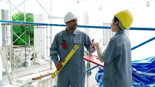Two construction engineers shaking hands on building site