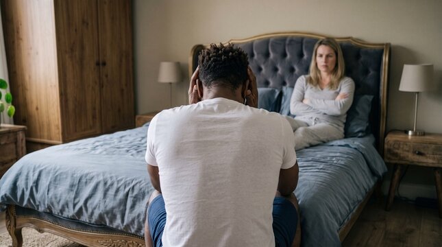 Stressed man sitting on the edge of the bed while his partner looks at him with frustration.