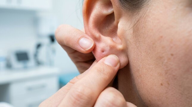Close up of person touching an enlarged earlobe with a visible hole.