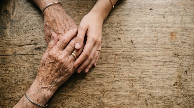 Elderly woman's wrinkled hand resting on a younger person's hand