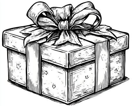 A detailed monochromatic illustration of a square Christmas present gift box with a decorative bow