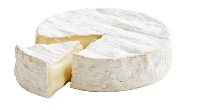 Whole round brie cheese with a wedge cut out, isolated on transparent background