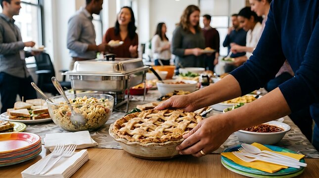 Hands place delicious lattice-top apple pie on table at busy work potluck buffet.