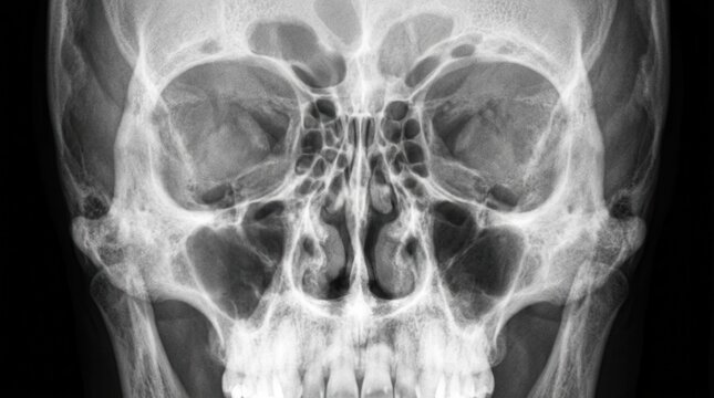 Detailed Medical X-Ray Of Human Skull Showing Sinuses And Nasal Passages