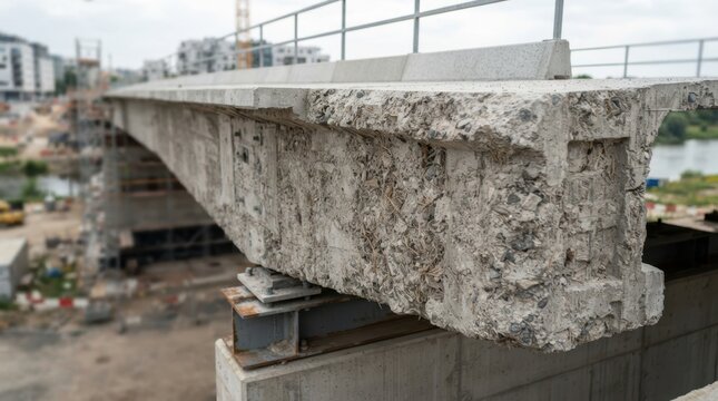 Carbon neutral concrete bridge segment with recycled stone aggregate, hemp fiber reinforcement, and matte gray deck slab.