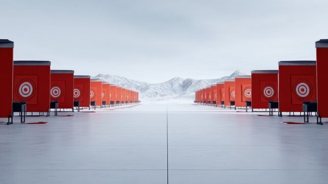 A minimalist landscape featuring rows of red structures against a snowy mountain backdrop