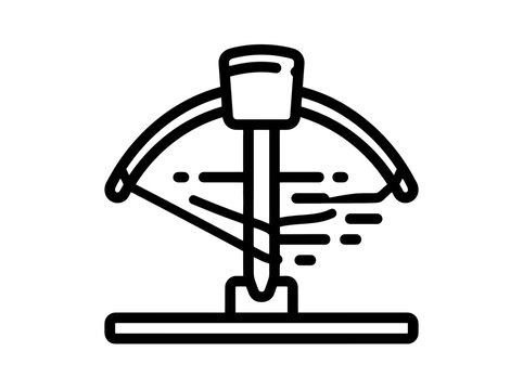 A simple line drawing of a crossbow with its string taut and ready to fire