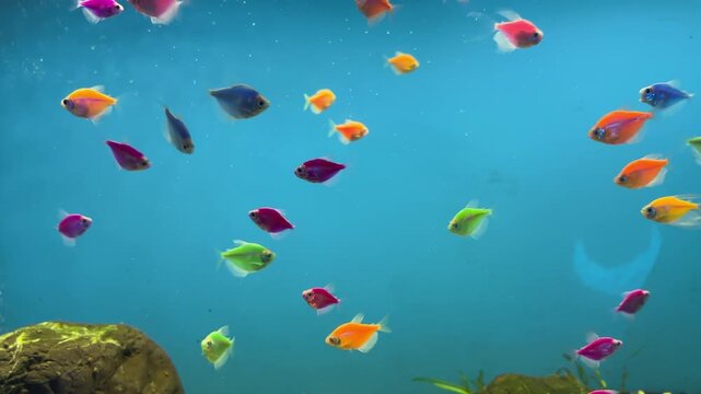 School of colorful fluorescent GloFish tetras swimming in clear blue aquarium water