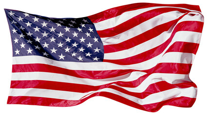 Obraz premium Waving American flag with red and white stripes and blue field with stars, isolated on transparent background