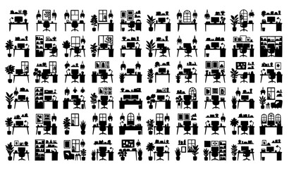 Fototapeta premium Home Office Workspace Silhouette Vector Set with Modern Remote Work Interior Collection