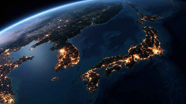 Night satellite view of East Asia from space, showing glowing city lights across Japan, Korea, and China