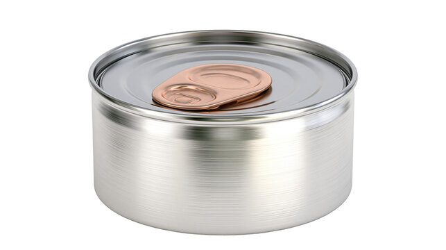 Brushed metal food can with copper pull-tab, isolated on transparent background