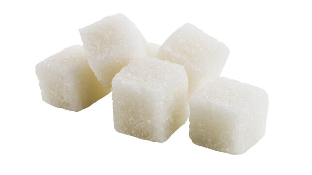 Pile of granulated white sugar cubes, isolated on transparent background
