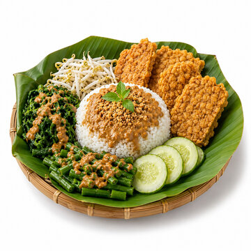 Indonesian Nasi Pecel with Peanut Sauce, Rice, Vegetables and Fried Tempeh