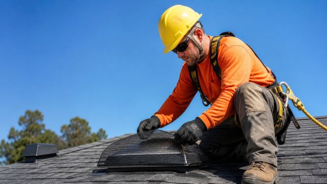 Roof ember screen installation: A contractor fits metal ember-resistant mesh over a roof vent with fall protection