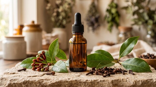 Essential clove oil in a glass dropper bottle with fresh green leaves and dried cloves on stone