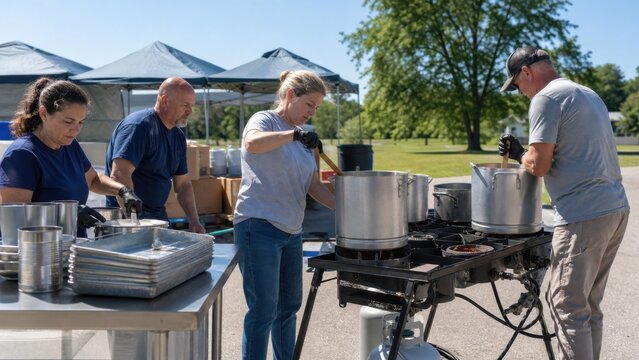 Community meal backup kitchen: Volunteers test a safe outdoor cooking station using large plain pots during a preparedness exercise