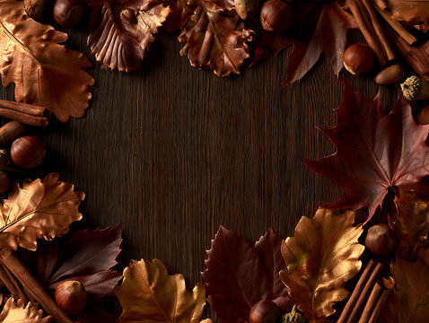 Autumn leaves and spices arranged on a wooden table for seasonal decoration