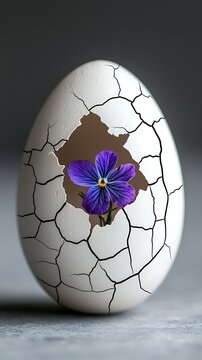 Cracked egg with single purple flower emerging on grey background.