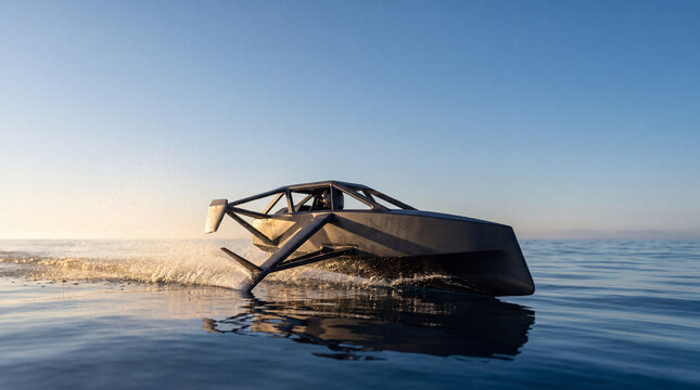 Low Angle Skimming View Of Carbon Fiber ASV Hull Cutting Waves