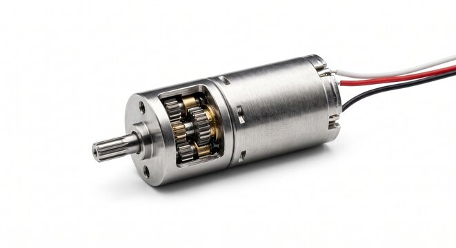 Brushless DC micro actuator motor for bionic finger. Stainless steel biomedical robotics hardware with planetary gears. Isolated on white background.