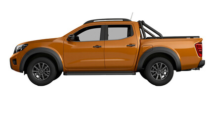 Orange double cab pickup truck with black roll bar, isolated on transparent background © Finn