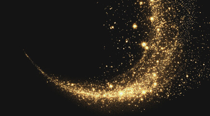Swirling golden light vortex with shimmering dust and glowing circular trails, creating an abstract motion effect on a deep black background. © Andrey